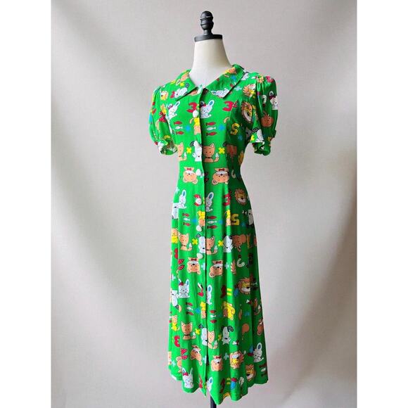 Vintage 80s Novelty Print Dress | Cartoon Kawaii Puff Sleeve Button-Front | S/M - Picture 1 of 9